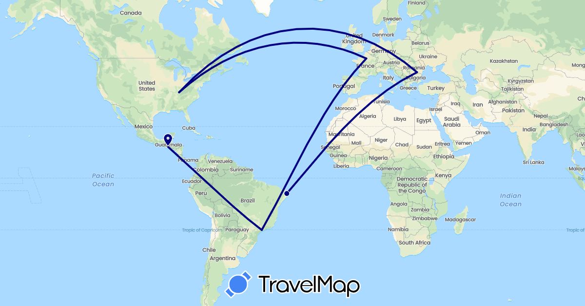 TravelMap itinerary: driving in Brazil, France, Guatemala, Romania, United States (Europe, North America, South America)